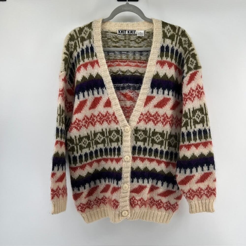 Knit Knit Mohair Cardigan Sweater Womens M Vintage 90s Geometric Grandma Cottage